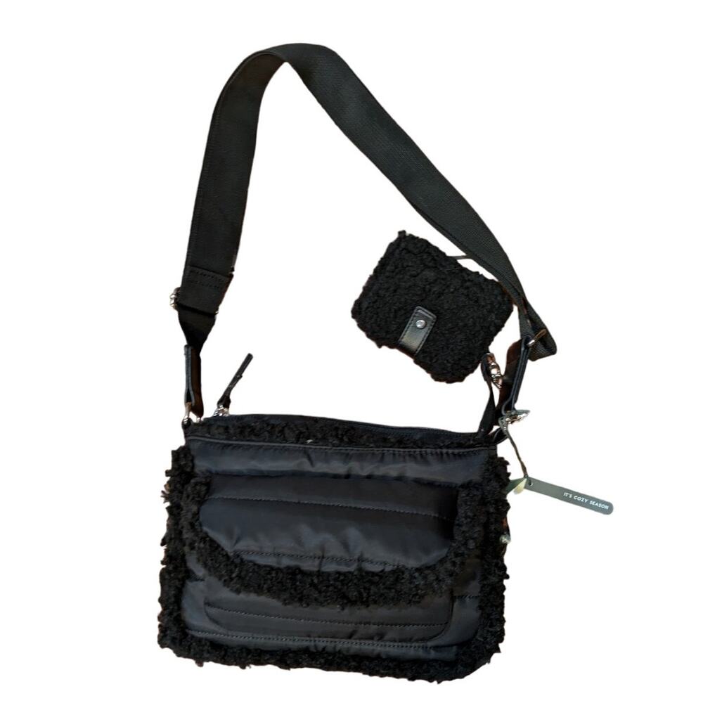 NWT Aspen Black Quilted Nylon and Sherpa Crossbody Bag